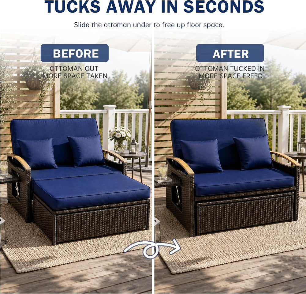 Outdoor Patio Rattan Daybed, Navy Blue/Brown