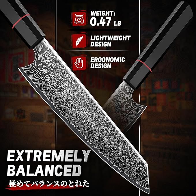 TIVOLI Damascus Japanese Kiritsuke Knife 8 inch, Hand Forged 67 Layers Damascus