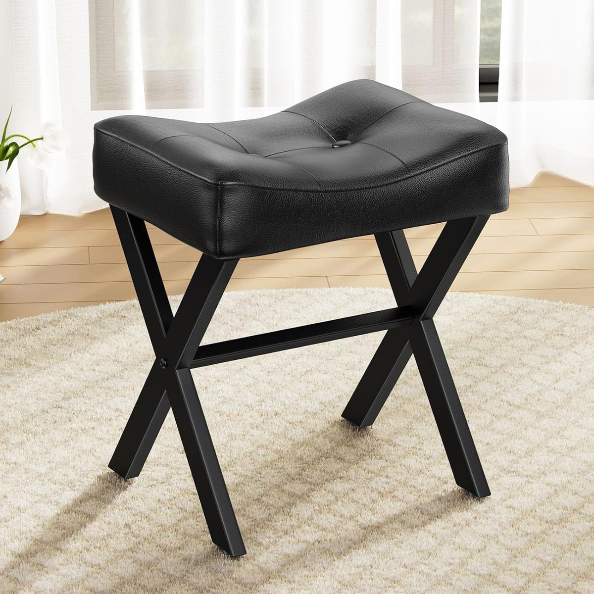 memobarco 18-inch leather vanity stool chair, black, main product view