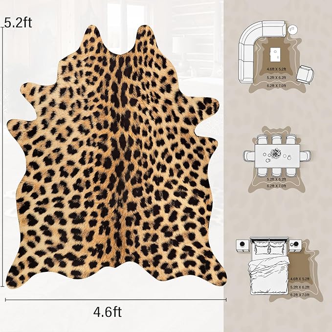 AROGAN Premium Leopard Print Rug 4.6x5.2 Feet, Machine Washable Faux Fur - Image 2
