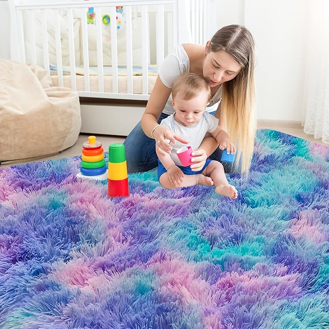 Tie-Dye Purple Rainbow Rug for Living Room 5x8ft Fluffy Modern Shag Area Rug - Image 2