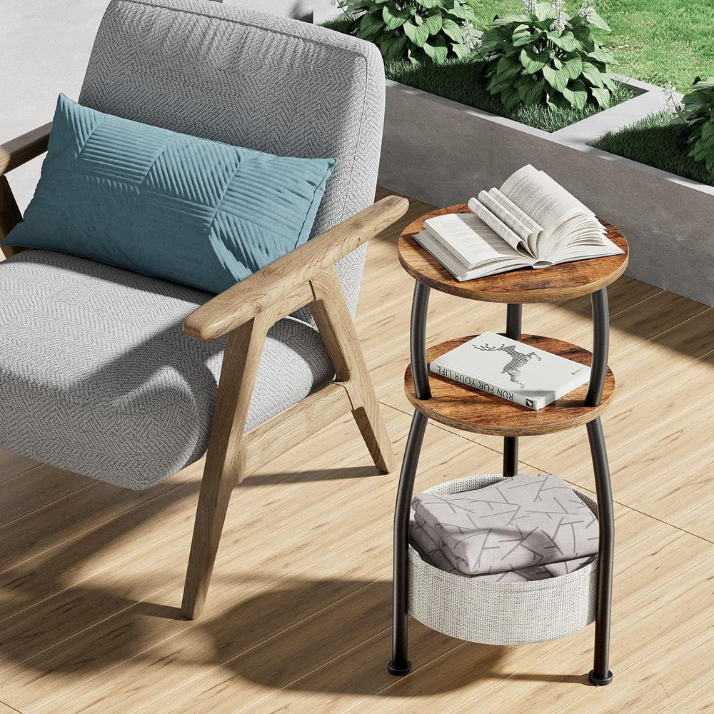 Round Side Table for Small Spaces with Storage Basket –Small End Table 3-Tier...