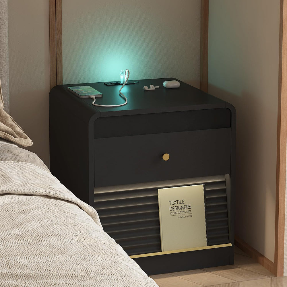 Nightstand with Charging Station, Smart Bedside Table with Voice-Controlled N...