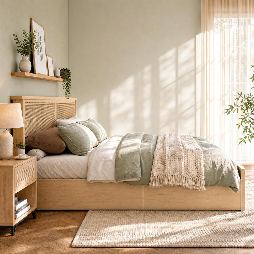 King Bed Frame with Natural Rattan Headboard and Wooden 4 Storage Drawers, Li...
