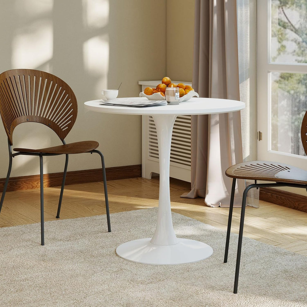 27.5" White Round Dining Table, MDF Top with Metal Pedestal Base, Modern...