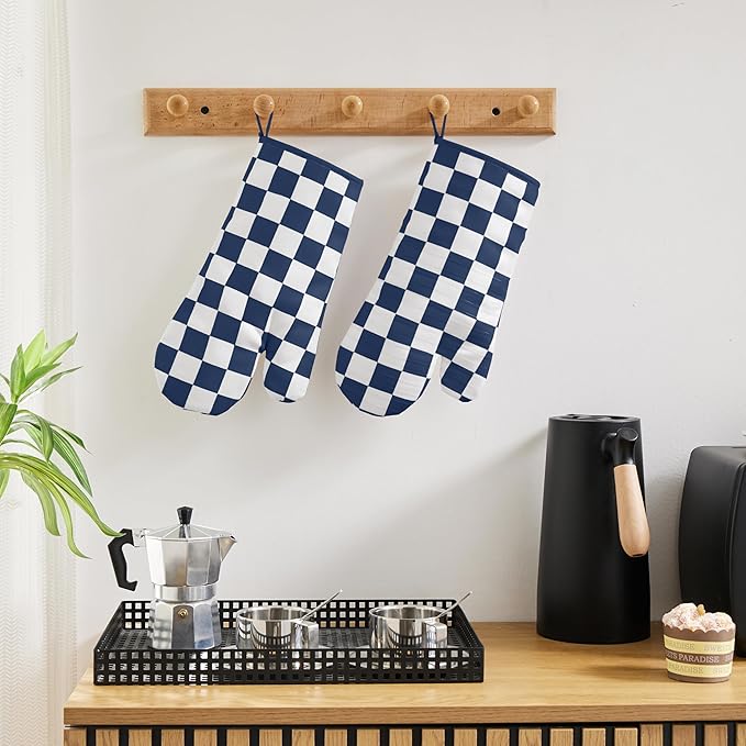 Ohocut Navy Blue Checkered Oven Mitts Heat Resistant, Vintage Retro - Image 4