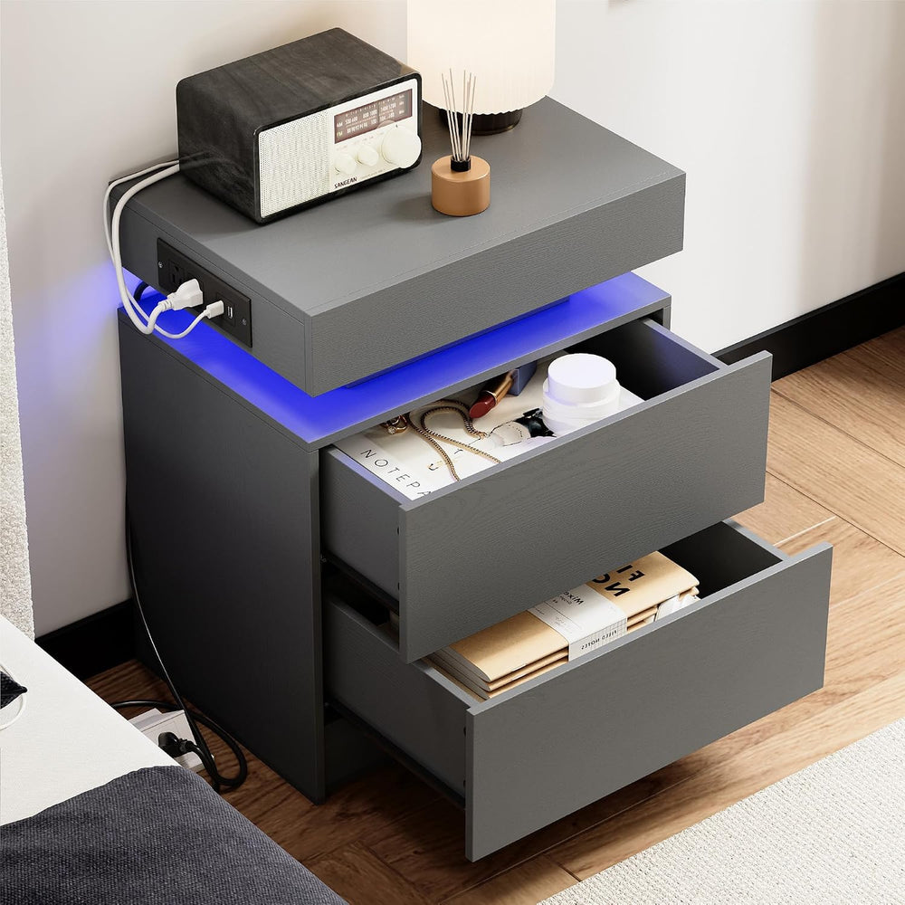 LIKIMIO Nightstand Set of 2 with Charging Station LED Light 2 Drawers Grey