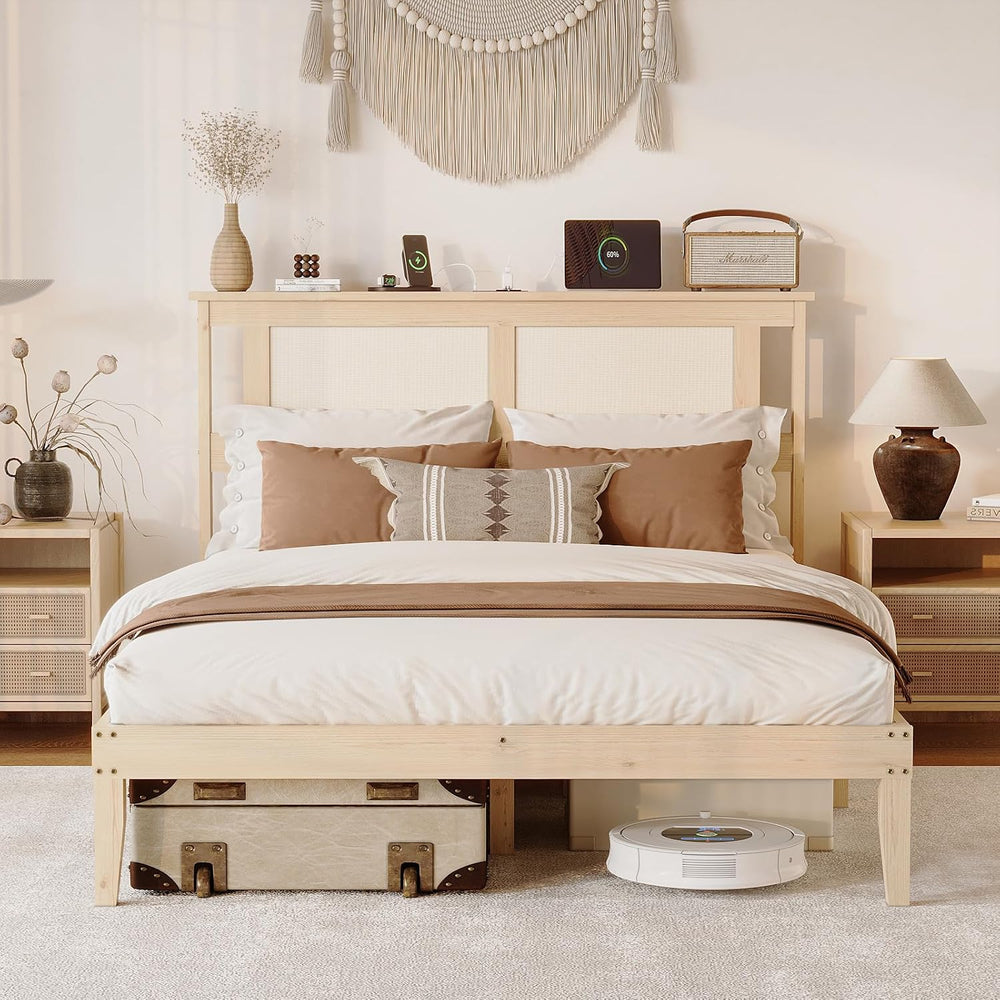 VINGLI Rattan Full Bed Frame with Rattan Headboard,Boho Platform Bed with Cha...