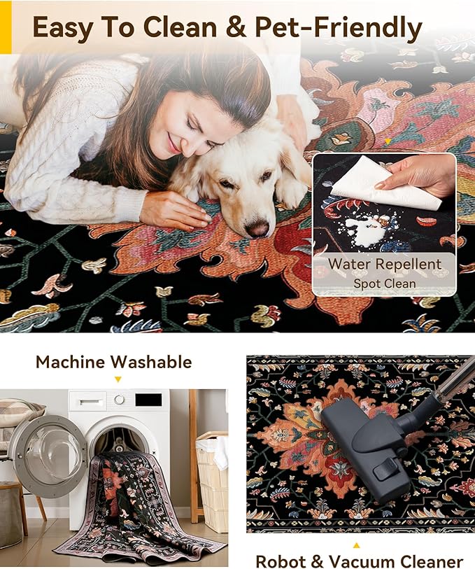 RELEANY Area Rugs Square 8ft Washable Non-Slip, Floral Vintage Distress Print - Image 4