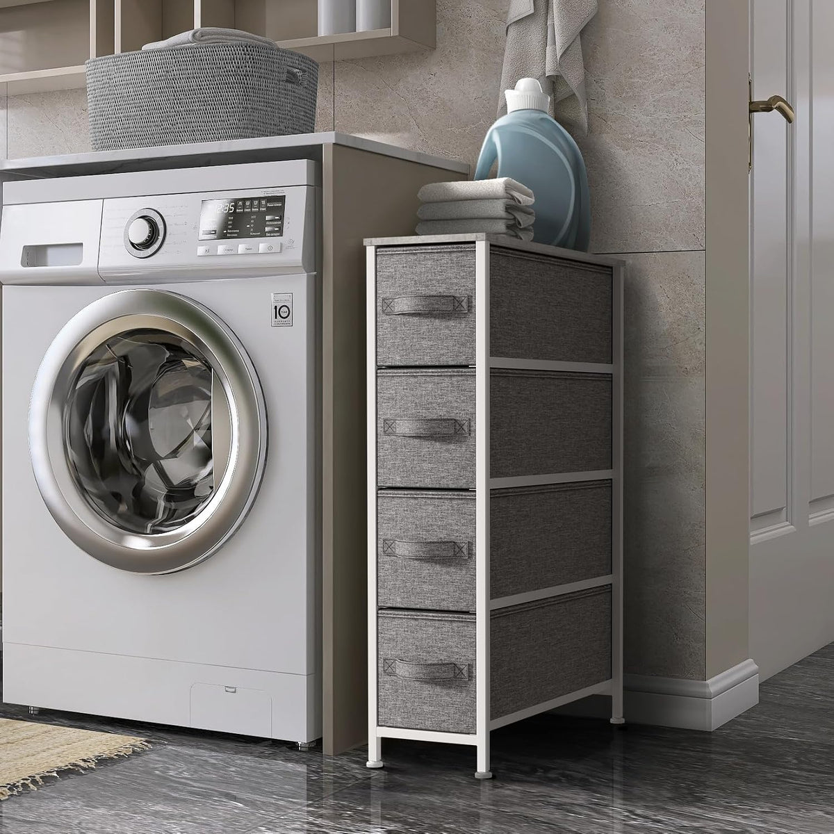 sorbus 4-drawer narrow dresser for bedroom (grey) shown in use