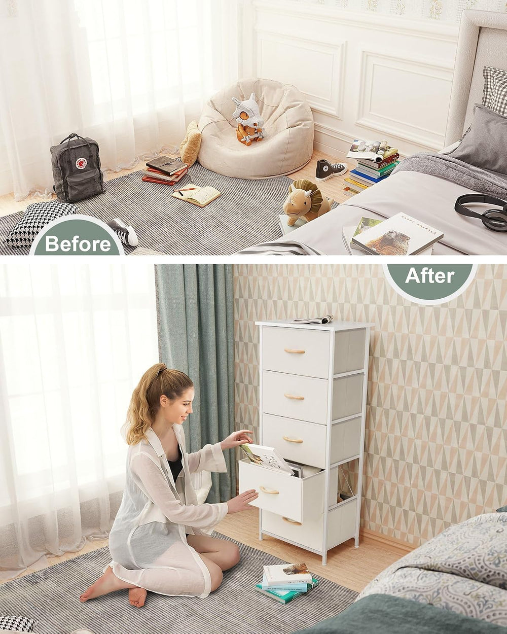 Tall Dresser Vertical Fabric Storage Tower Organizer, 5 Drawers (Beige)