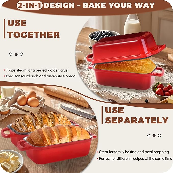 Cast Iron Bread Loaf Pan with Lid, 2 In 1 Loaf Pans