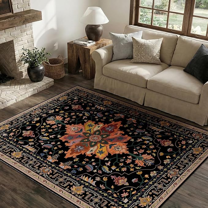 Area Rugs 4'x6' Washable Non-Slip, Floral Vintage Distress Print Pattern by RELEANY