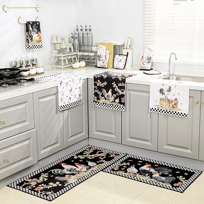 Fourluoo 10 Pcs Rooster Kitchen Dish Towels Rugs Oven Mitts and Pot Holders Set - Image 7