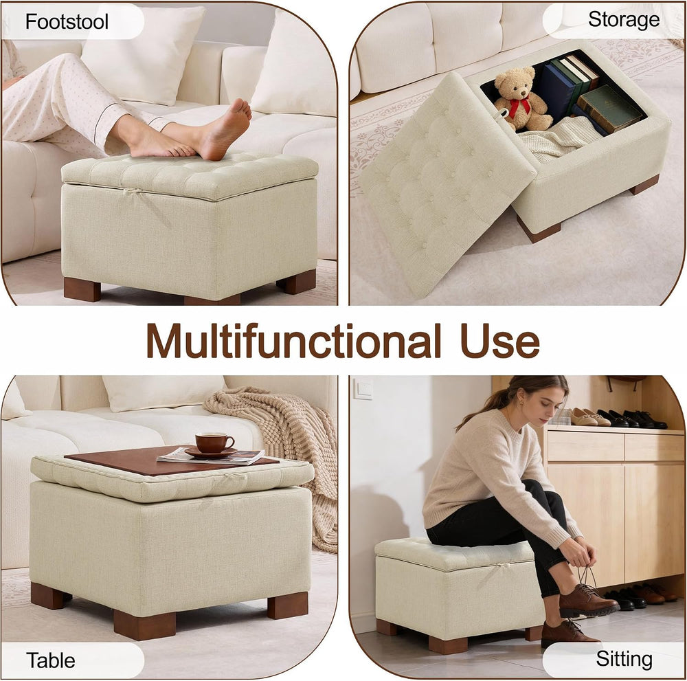 WUTUTUEE 24" Fabric Square Storage Ottoman with Wooden Tray, Modern Tuft...