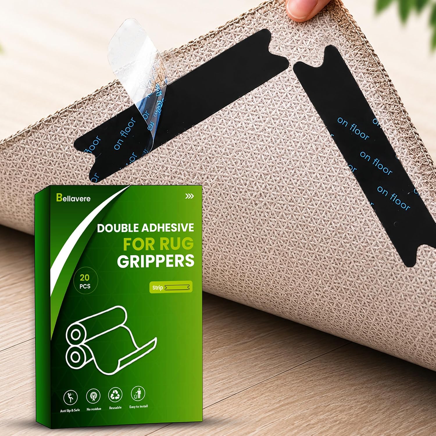 20 Pcs Rug Gripper Pads, Super Adhesive Resuable & Washable Non-Slip Rug Gripper for Hardwood Floors Rug Stoppers, for Marble, Tiled and Vinyl Floors