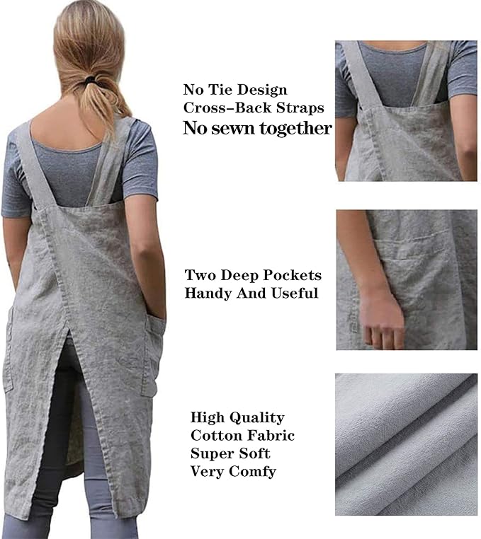 VLZUFE Cotton Linen Apron for women Cross Back Apron Pinafore Dress for Baking - Image 4