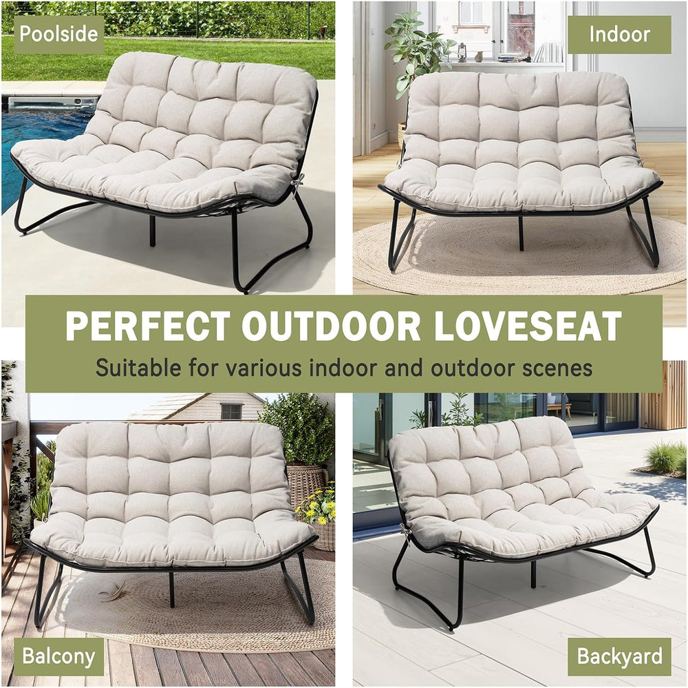 Outdoor Loveseat with Soft Cushion，Patio 2-Seat Boho Sofa (Beige)