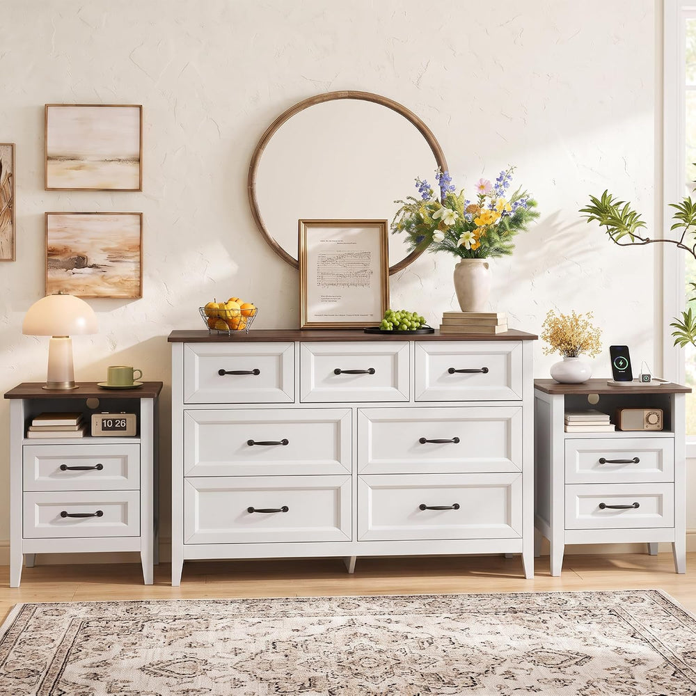 Gizoon 3 PC Bedroom Set, 2 Nightstands with Charging Station & Dresser
