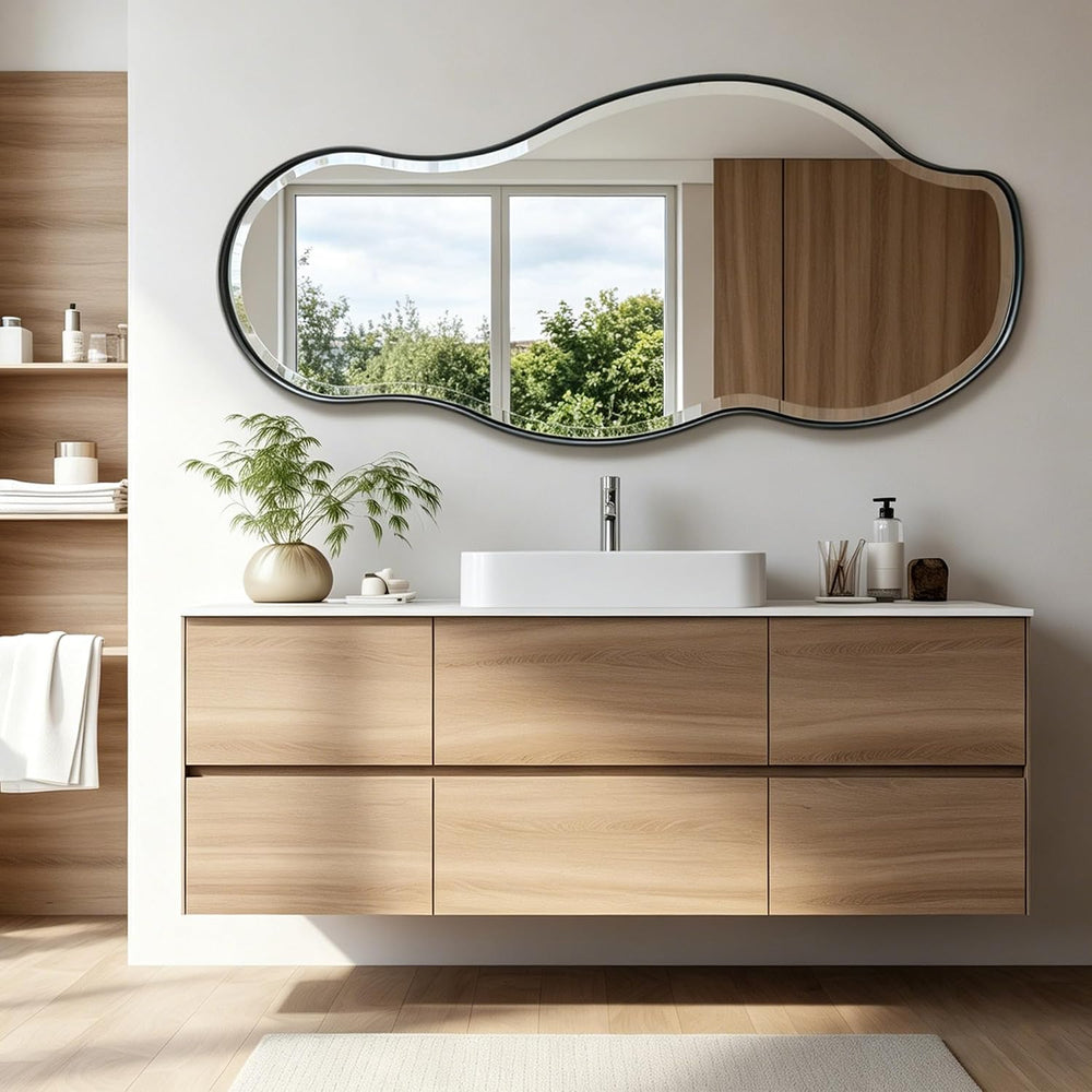 POZINO 53"x24" Large Irregular Beveled Mirror, Asymmetrical Wall Mi...