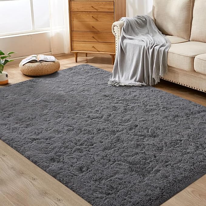 Dark Grey Rugs for Bedroom: 4x6 Fluffy Shag Soft Washable Rug Fuzzy Plush by VECARF
