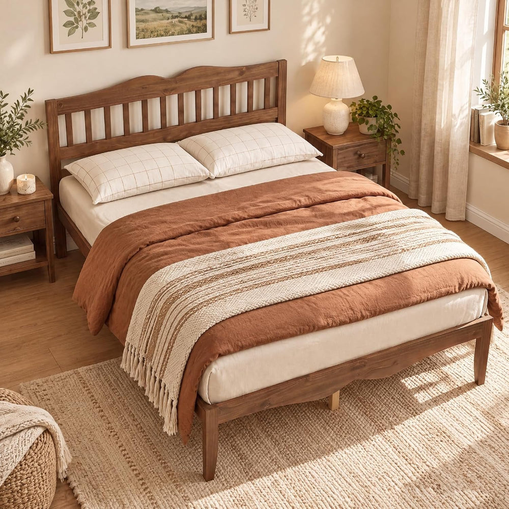 KOMFOTT Full Size Bed Frame, Farmhouse Wooden Bed with Slatted Headboard