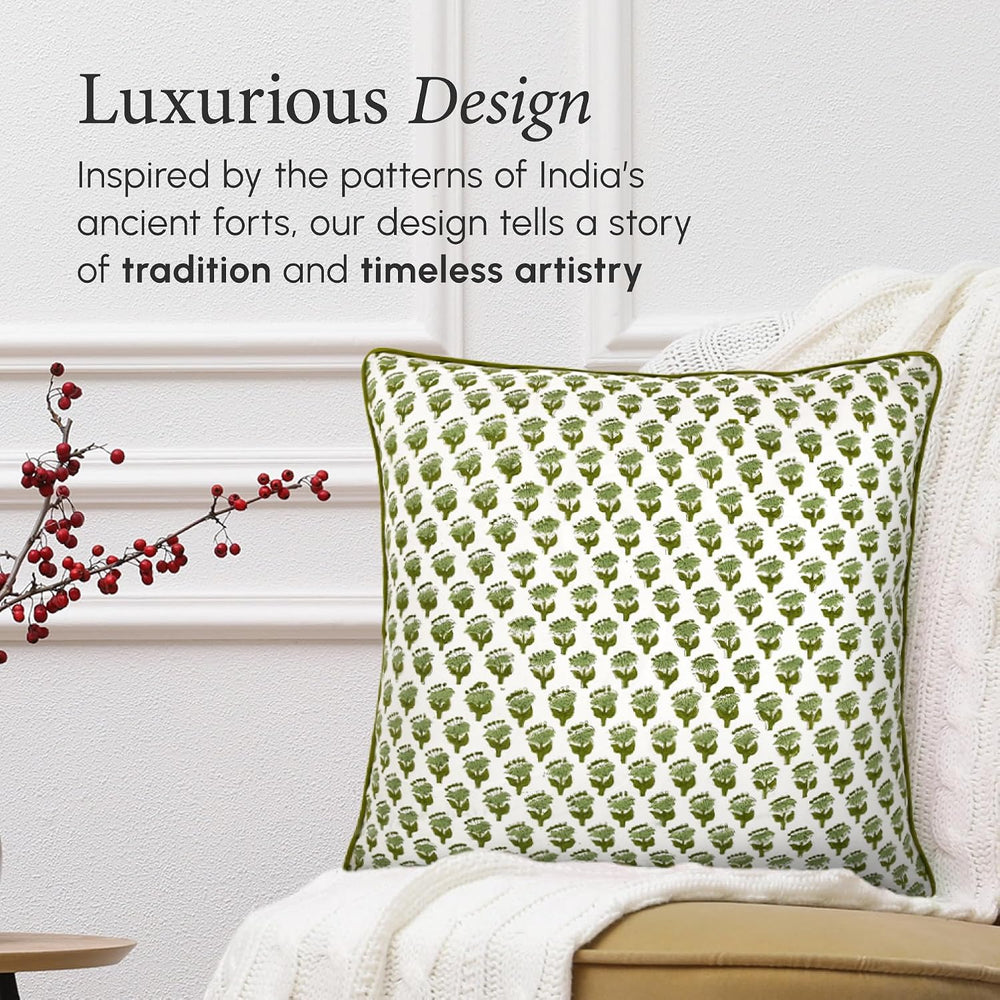 CPC Emerald Green Block Print Throw Pillow Covers 20x20 Inch, Pack of 2