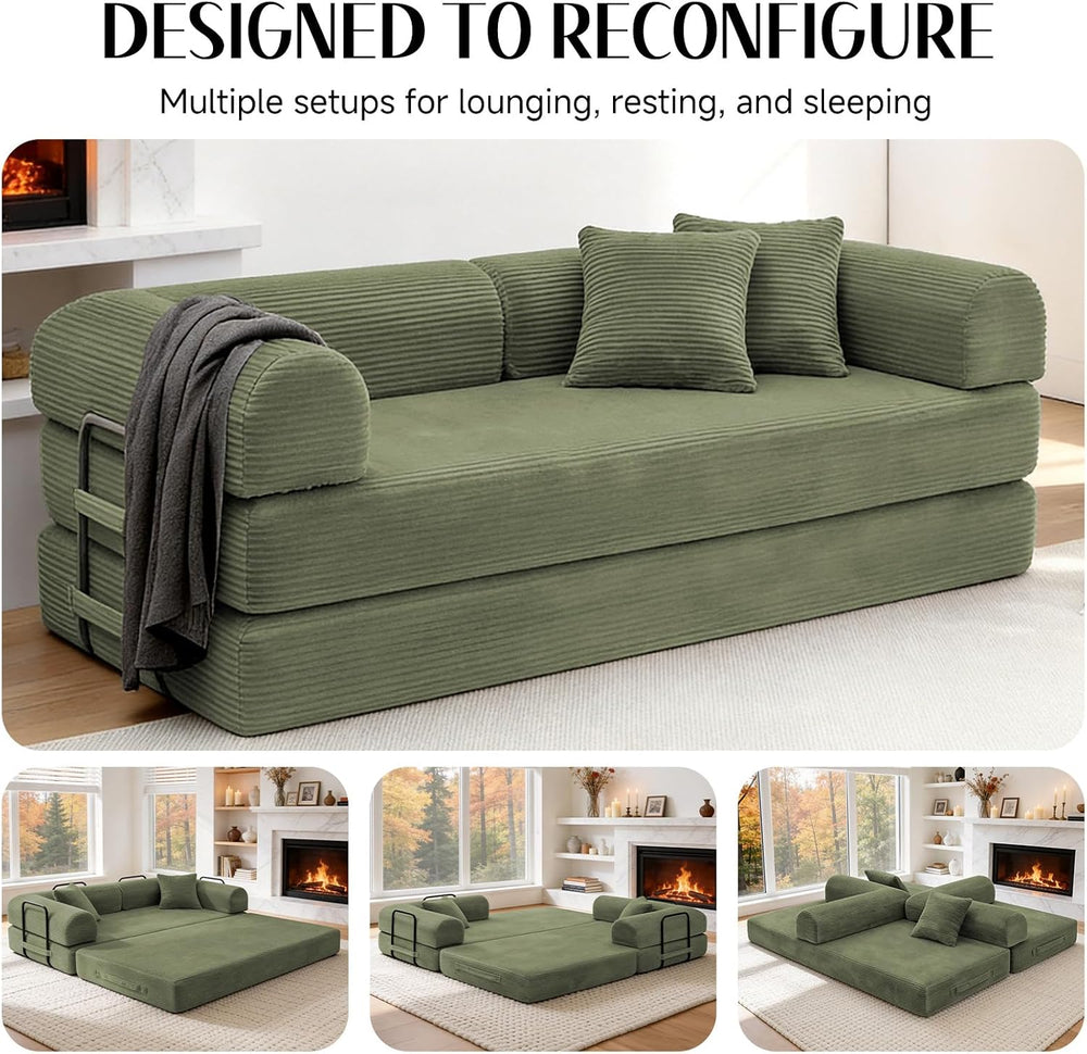 79" Corduroy Sofa Bed, Boneless Couch in a Box with 2 Pillows, High-Dens...