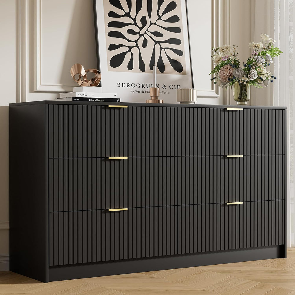 55.1" Wide Black Dresser for Bedroom, Fluted 6 Drawer Dresser