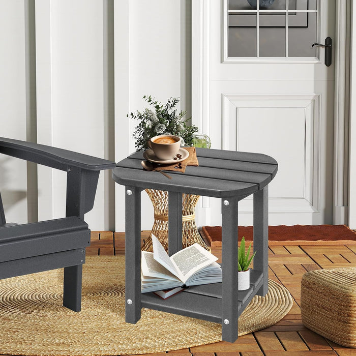 LZRS 2-Tier Patio Side Table, Heavy Duty HDPE Outdoor End Table with Wood Texture, Weatherproof Composite Table for Adirondack Chairs, Deck, Pool, Indoor/Outdoor, No Peeling Cracking(Grey)