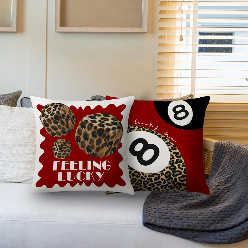 Trendy Leopard Pillow Covers 18x18, Cheetah Leopard Print Room Decor, Red Preppy Cheetah Print Dice Lucky 8 Ball Decorative Throw Pillow Covers for Girls Bedroom Dorm Apartment, Set of 2