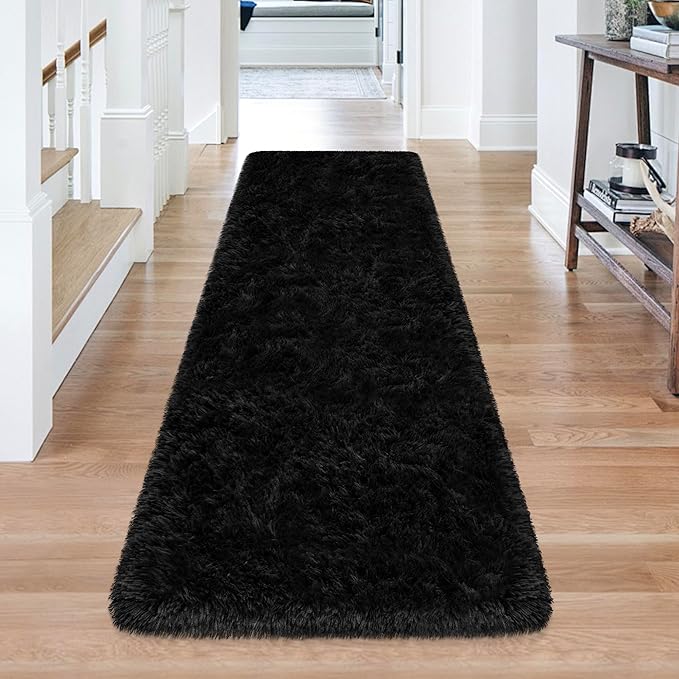 2x6 Bedside Area Rugs for Bedroom Soft Fluffy Shag Black Rug for Hallway - Image 3