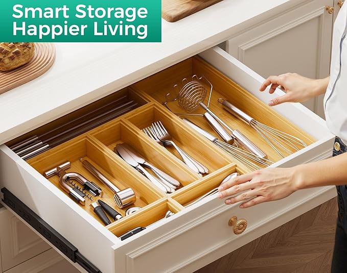 Small Bamboo Kitchen Drawer Organizer Boxes – 6" x 3" Stackable Wood Silverware - Image 4