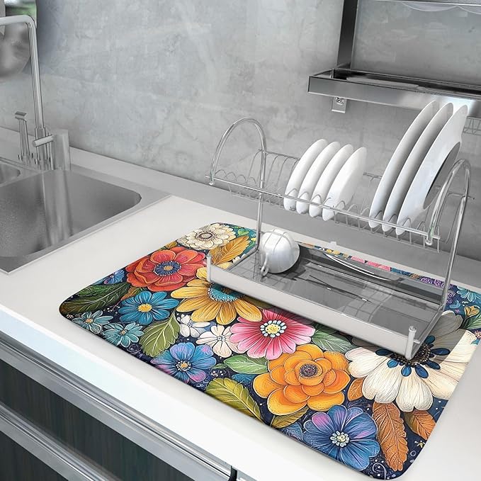 Giwawa Boho Flower Dish Drying Mat, Colorful Floral Leaf Dish Drainer Mats - Image 5