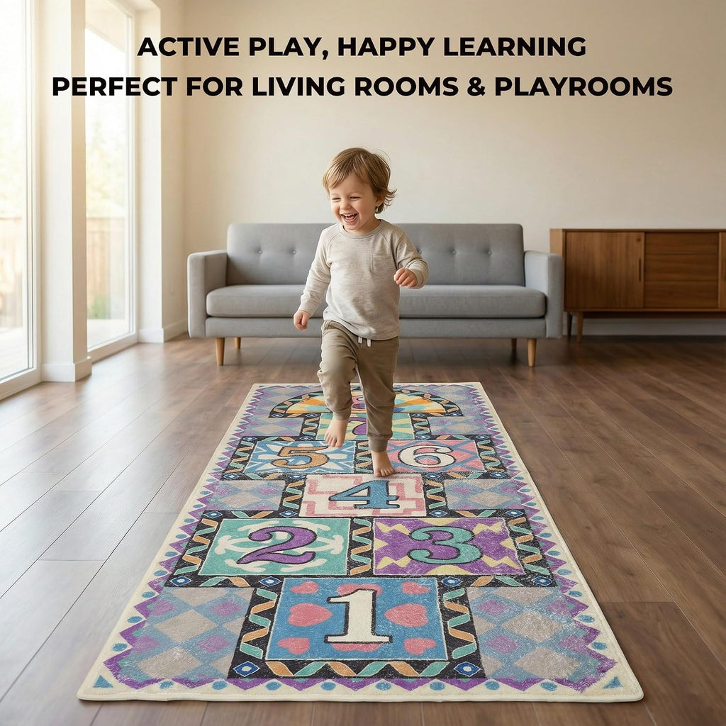 Hopscotch Rug, 59 x 26 in Ultra-Soft Faux Cashmere Floor Rug with Non-Slip Washable Design, 2 Bean Bags and Oxford Storage Bag for Home
