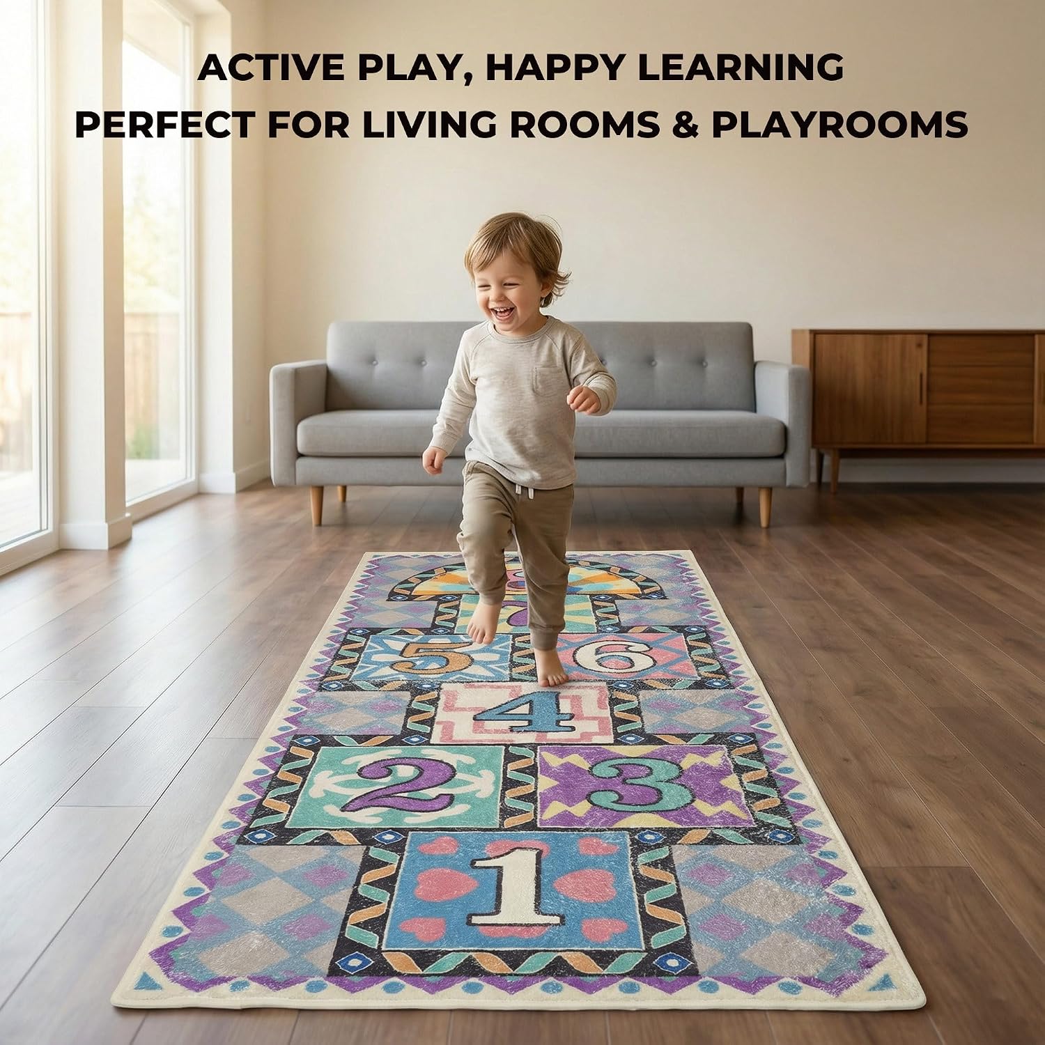 Hopscotch Rug, 59 x 26 in Ultra-Soft Faux Cashmere Floor Rug with Non-Slip Washable Design, 2 Bean Bags and Oxford Storage Bag for Home
