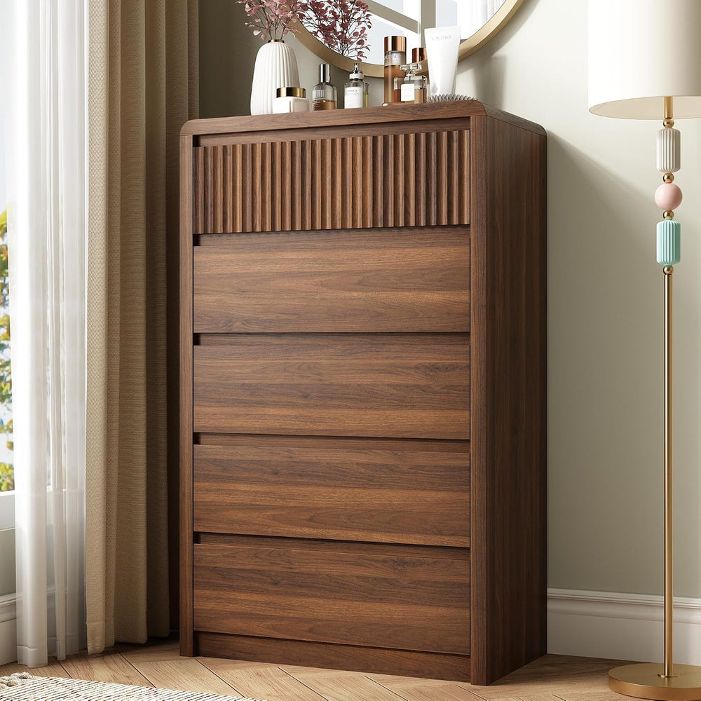 LYNSOM Walnut Fluted 5 Drawer Dresser for Bedroom, Curved Edge, 48" Tall