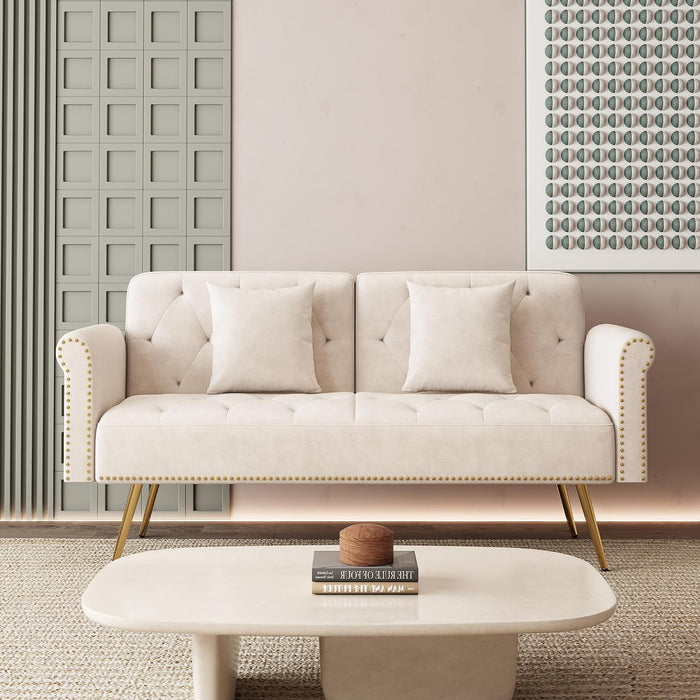Anwick Modern Velvet 2 in 1 Futon Sofa Bed,Convertible Folding Sleeper Bed Couches with 2 Pillows,63" Tufted Recliner Love Seat with Golden Chrome Legs for Living Room Apartment Office (Beige)