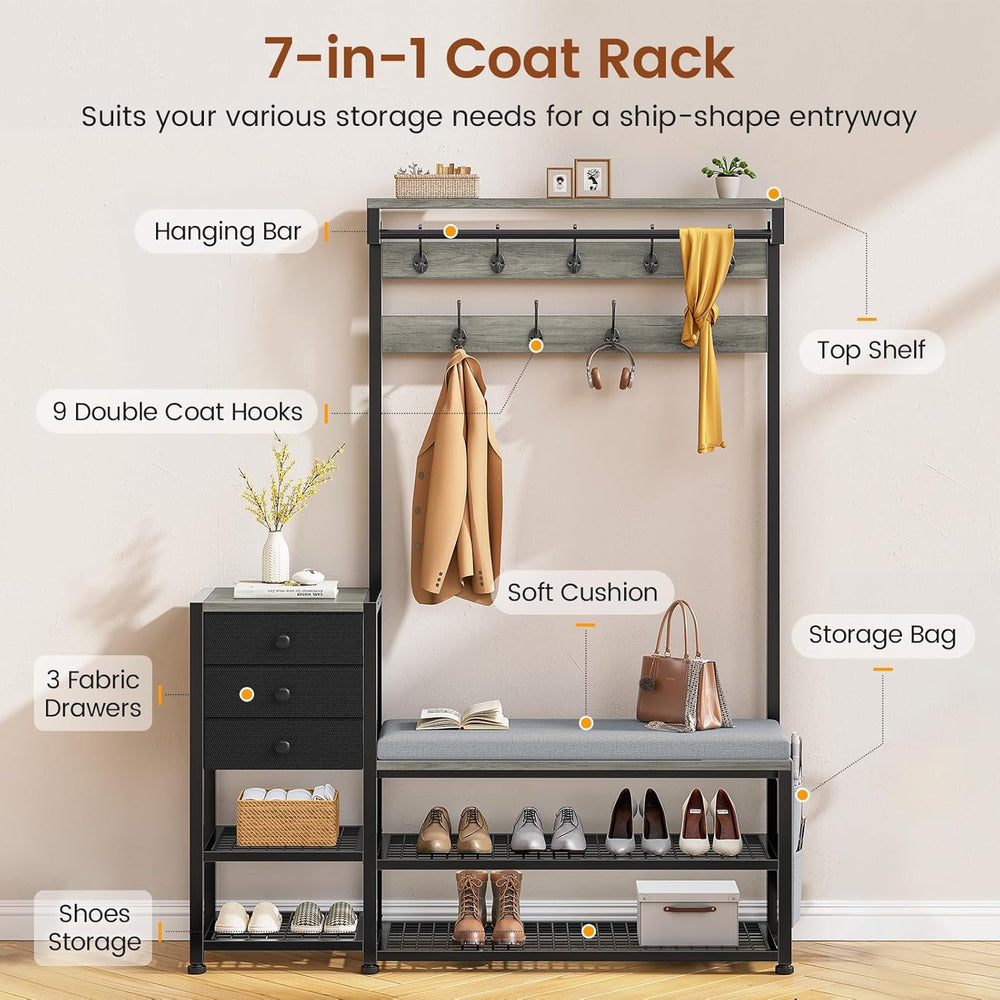 Itaar Coat Rack, Hall Tree with Bench and Shoe Storage, 7-in-1 Entryway Bench...