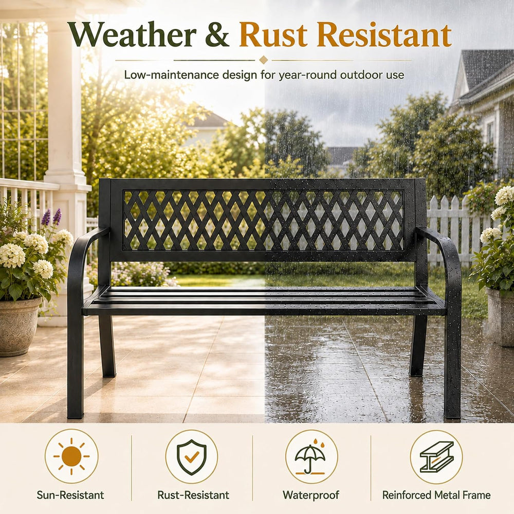 47" Outdoor Garden Bench, Metal Patio Bench with Backrest, Black
