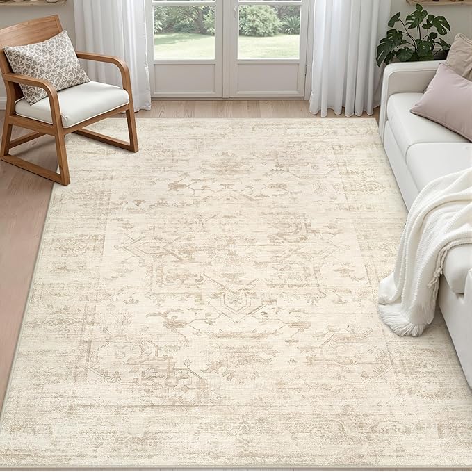 6x9 Area Rugs for Living Room: Vintage Boho Neutral Washable Rug Indoor Soft by Luxturiy