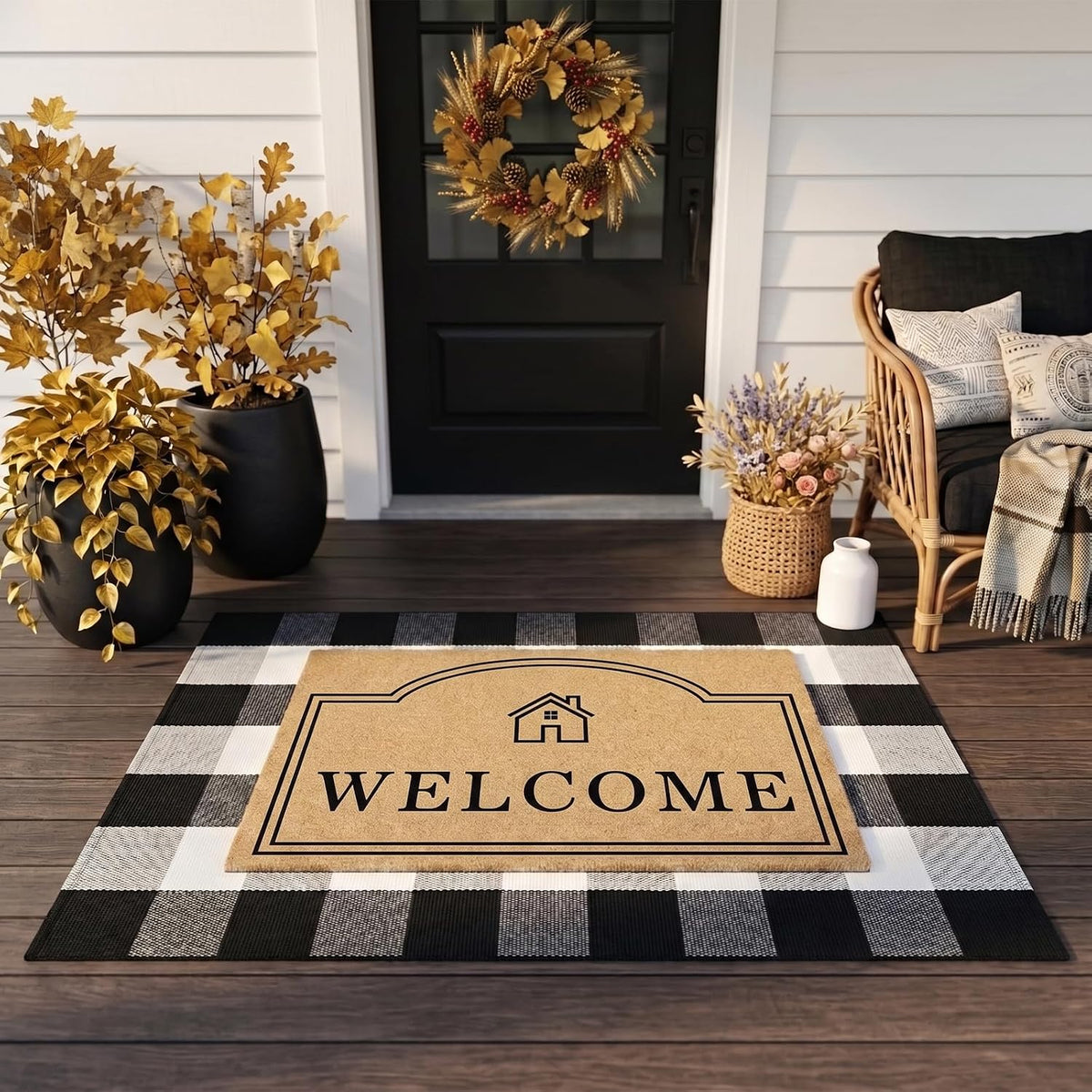 2 Pcs Layered Coir Front DoorMat Set, 0.6" Extra Thick & Non Slip Backing