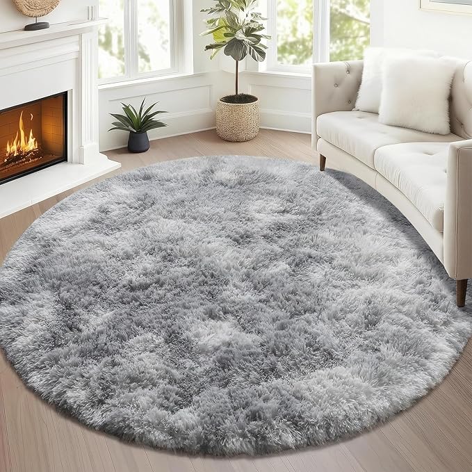 ONASAR Round Rugs 5ft for Bedroom Living Room, Fluffy Tie-Dyed Light Grey by ONASAR
