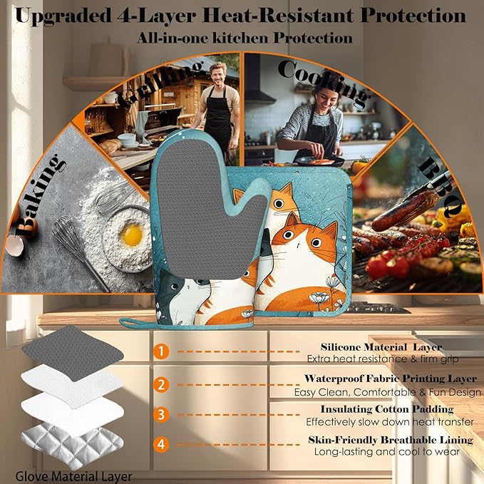Cute Cartoon Cat Oven Mitts and Pot Holders Sets Funny Cat Silicone Heat - Image 4