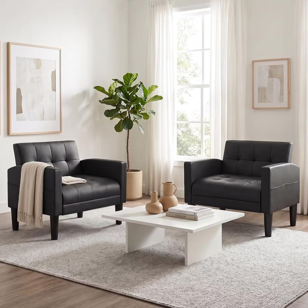 Black Leather Mid Century Modern Accent Chair Set of 2 for Living Room