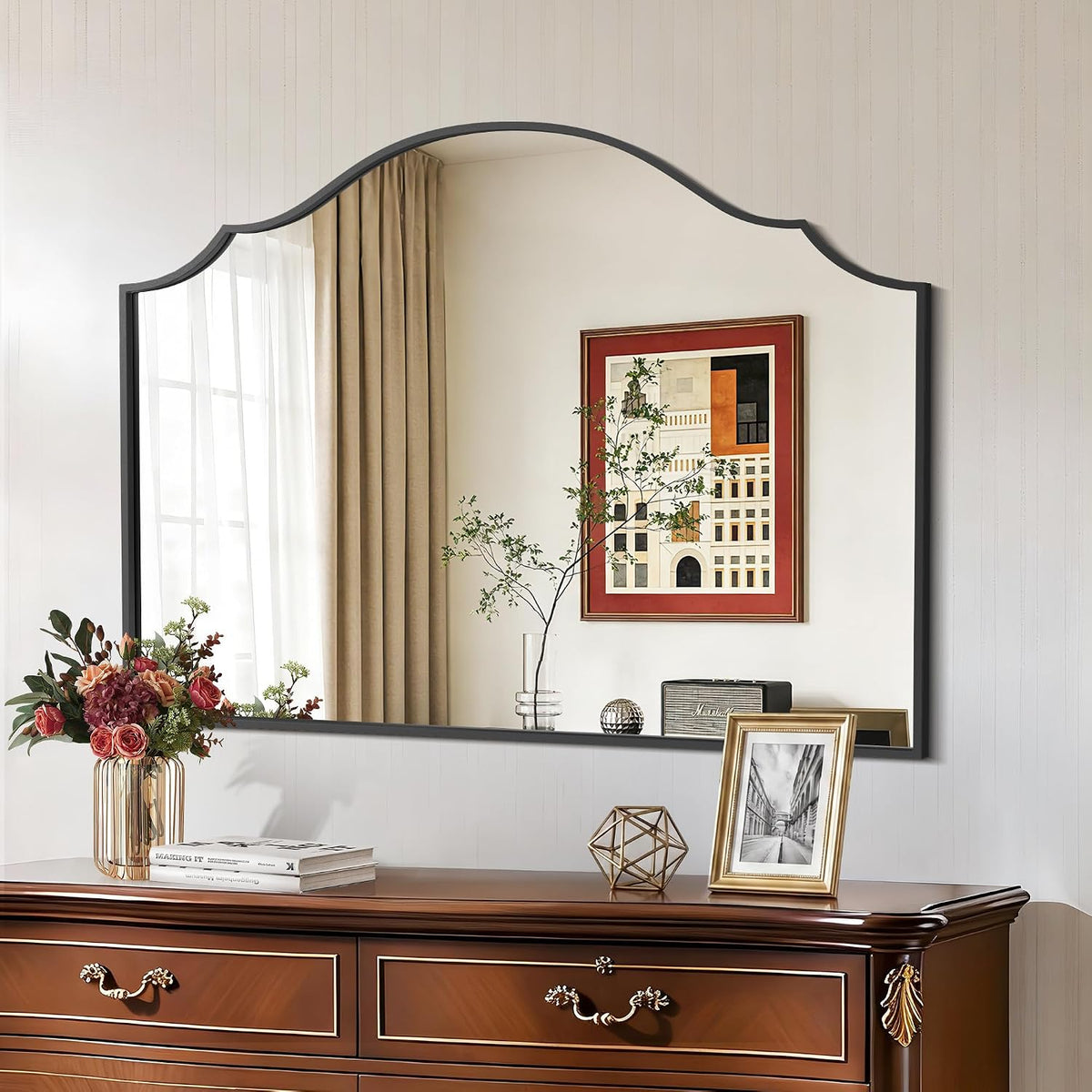 large scalloped black mirror, 40"x30" vintage arched mirror shown in use