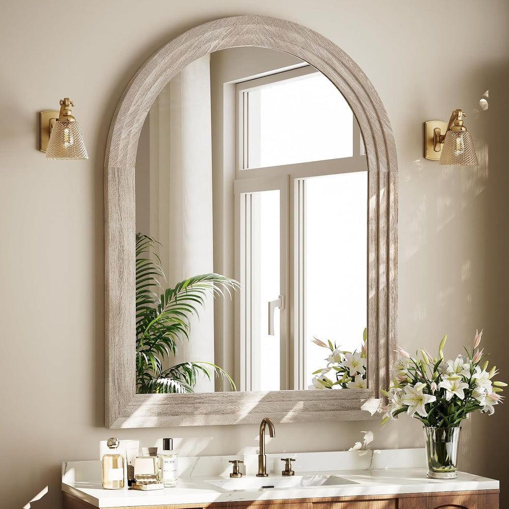 40" x 30" Solid Wood Arched Framed Bathroom Mirror, White