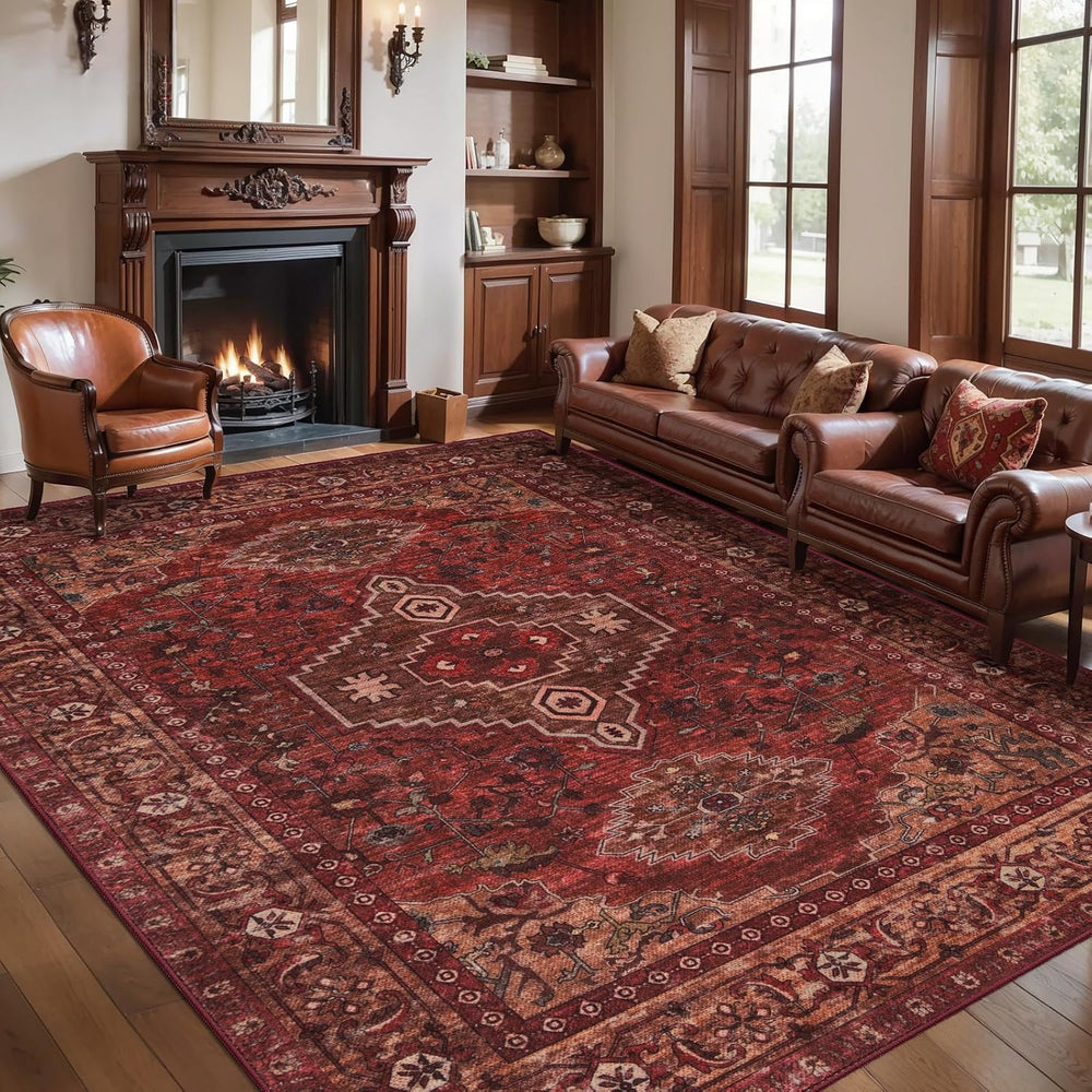 Tangsoo Red 5x7 Washable Area Rugs for Living Room, Oriental Non Slip Rug