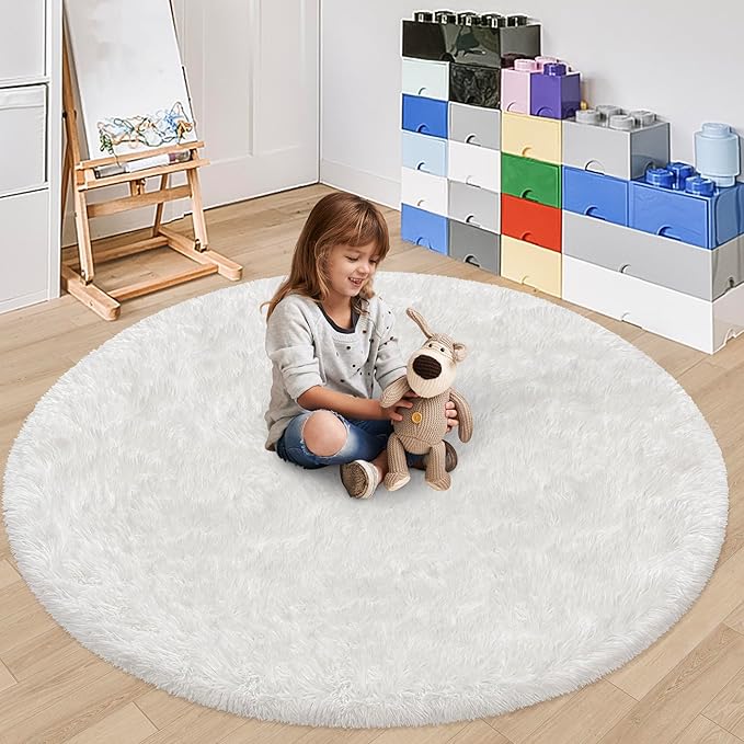 5x5 ft Tie Dye White Round Rug for Bedroom Room Fluffy Circle Rug Furry Carpet - Image 3