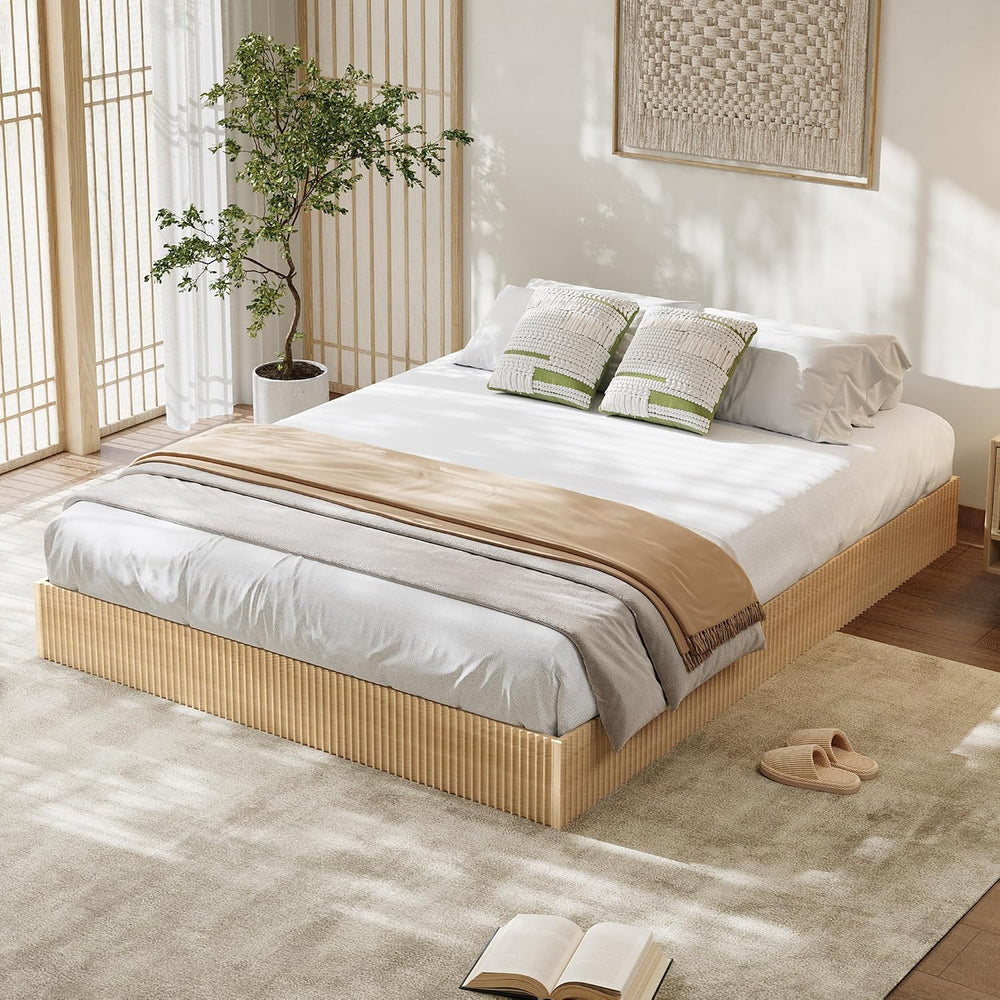 Garvee Queen Bed Frame, Wood Platform Bed with Fluted Design